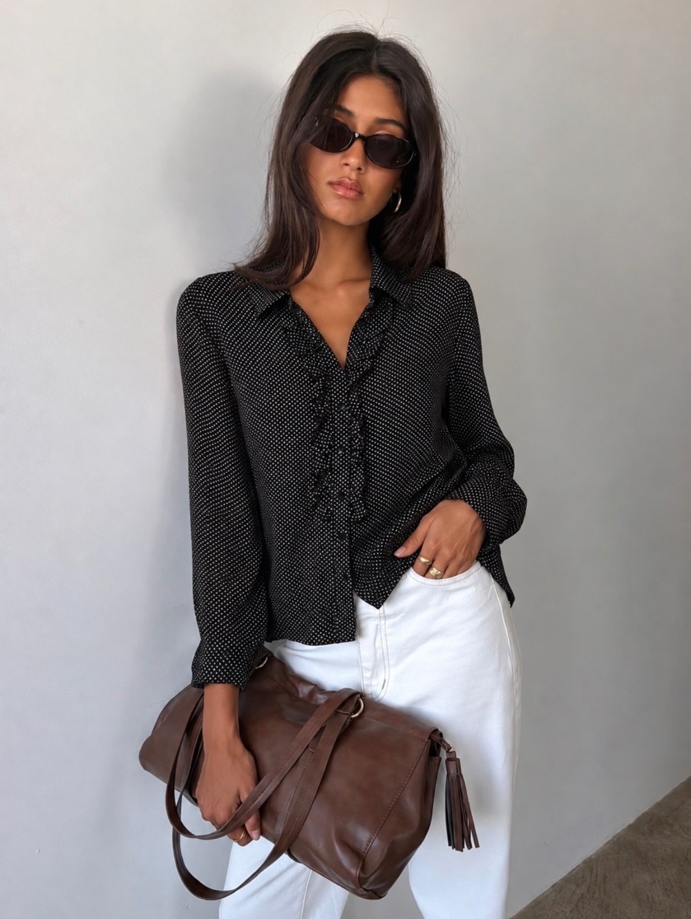 George 100% Silk Vintage Black Polka Dot Long Sleeve Button-Up Blouse Ruffle